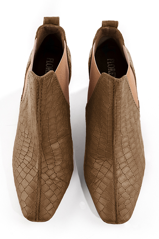 Women's camel beige elegant Chelsea ankle boots, with side elastics. Square toe. Medium comma heels - Top view